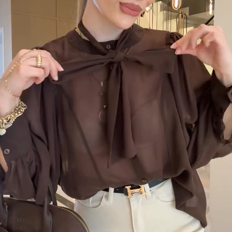 Damen transparente Bluse mit Schleifenkragen Drune