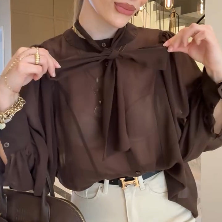 Damen transparente Bluse mit Schleifenkragen Drune