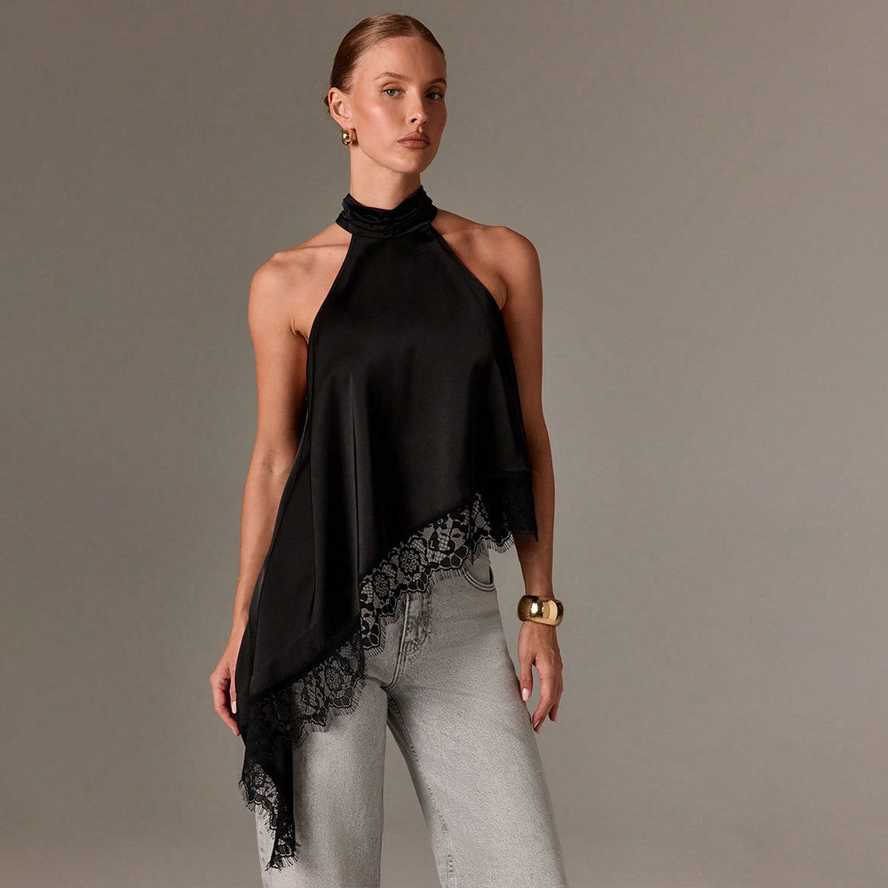 Damen elegantes Haltertop mit raffiniertem Spitzenbesatz Drune