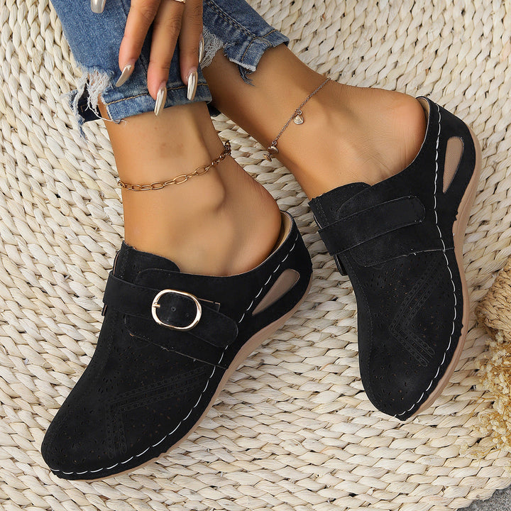 Damen geschlossene Clogs mit dekorativen Lochmustern und eleganter Schnalle Drune