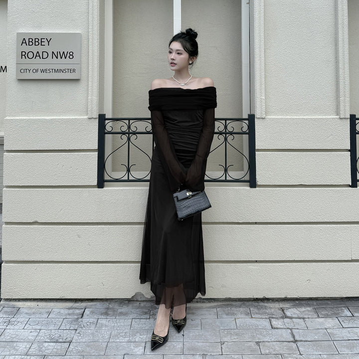 Damen Off-Shoulder Abendkleid mit gerafftem Design und langen Ärmeln Drune