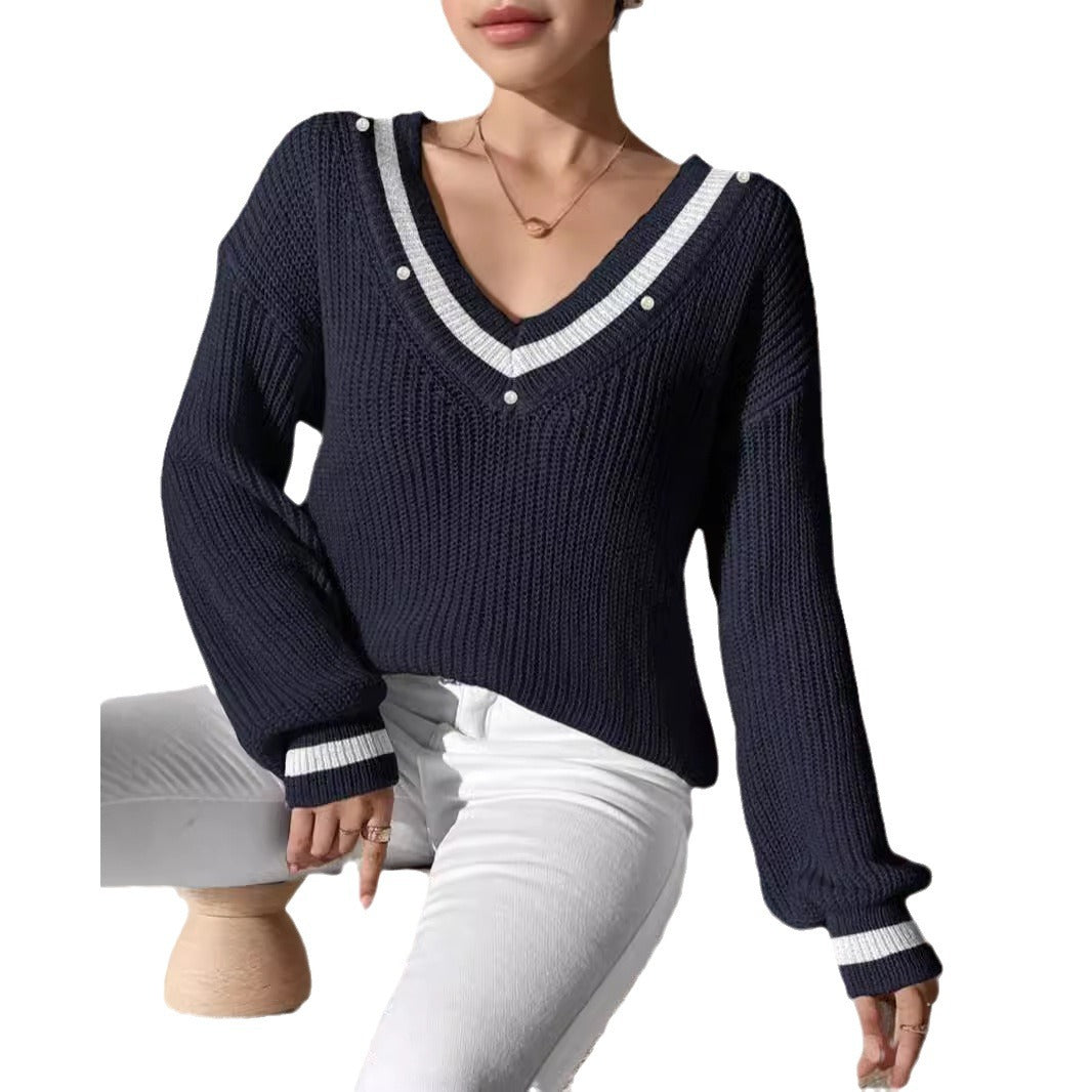 Damen lässiger Pullover mit V-Ausschnitt und dekorativer Knopfleiste Drune
