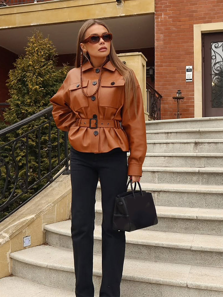 Damen modische Kunstlederjacke mit tailliertem Schnitt und Gürtel Drune