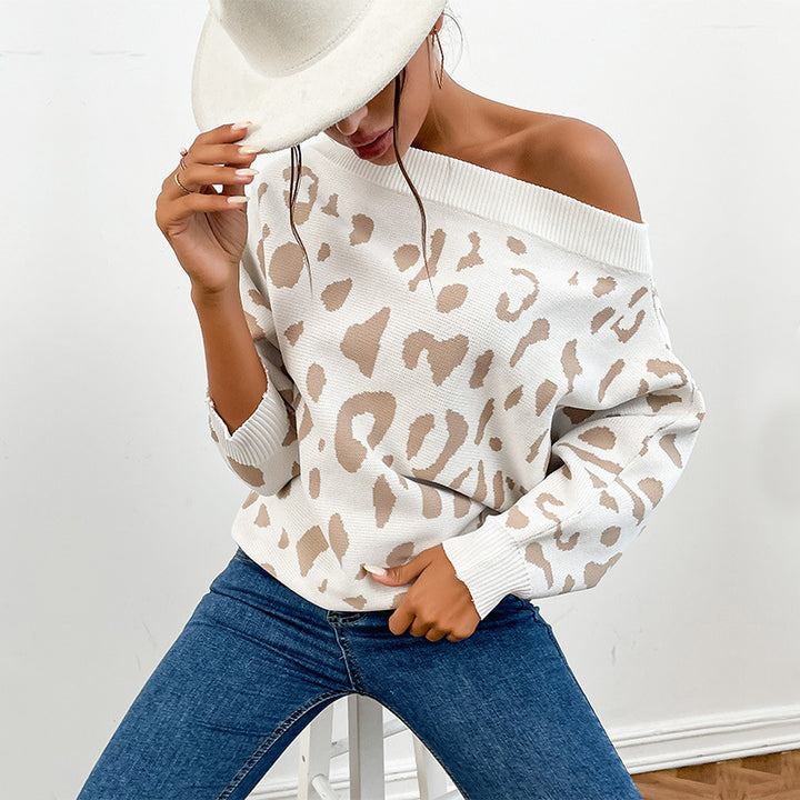 Damen lässiger Pullover mit Off-Shoulder-Design und Leopardenmustern Drune