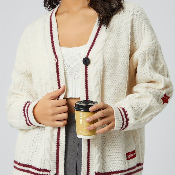 Damen nan oversized Zopfstrick Cardigan mit V-Ausschnitt und kontrastierenden Strickkanten Drune