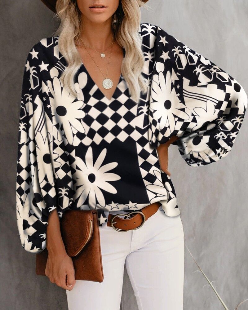 Damen Modische Bluse mit weitem Arm und V-Ausschnitt Drune