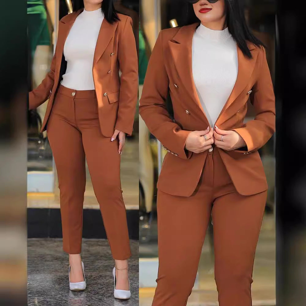 Damen nan tailliertes Business-Hosenanzug-Set mit doppelreihigem Reversblazer und schmal zulaufender Bundhose Drune