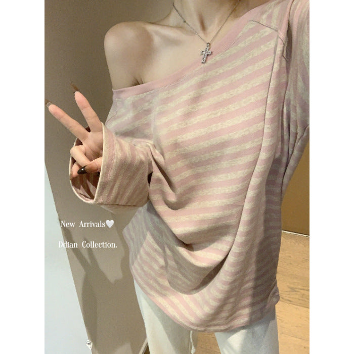 Damen lässiges Oversized-Off-Shoulder Langarmshirt mit Streifenmuster Drune