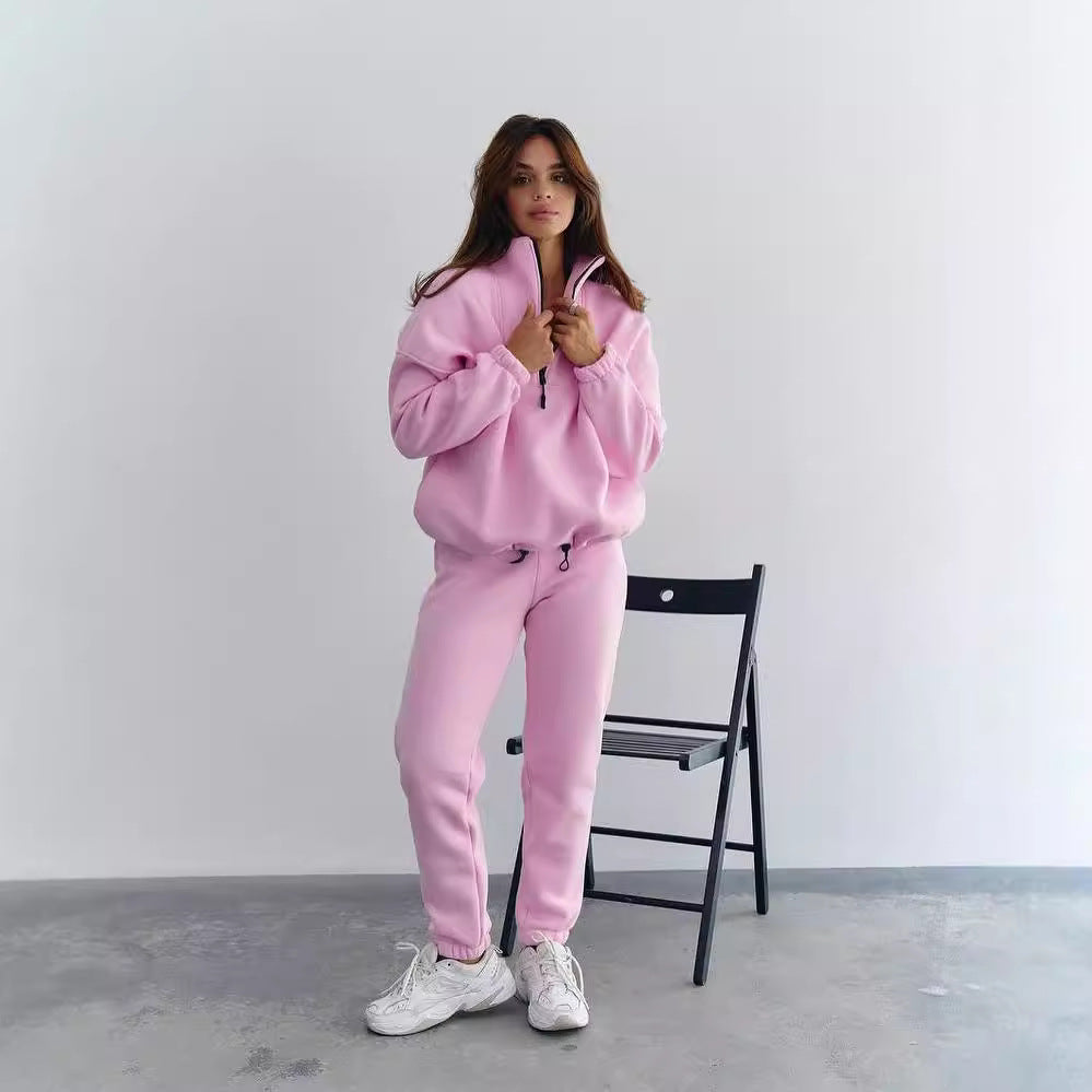 Damen Sportlicher Fleece-Traininganzug mit halbem Reißverschluss und elastischen Bündchen Drune