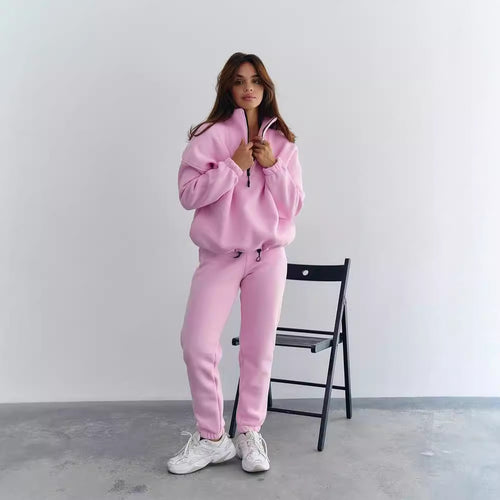 Damen Sportlicher Fleece-Traininganzug mit halbem Reißverschluss und elastischen Bündchen Drune