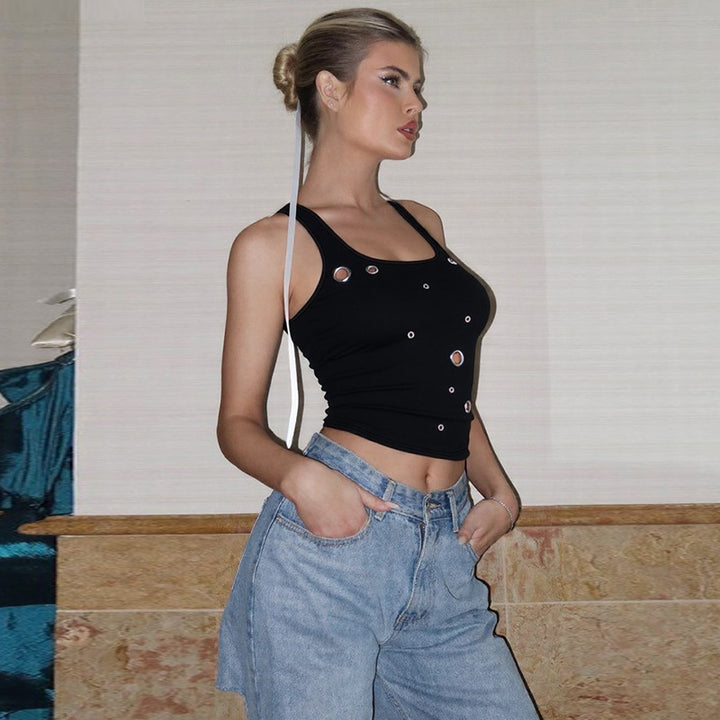 Damen Enganliegendes Crop-Top mit dekorativen Ösen Drune