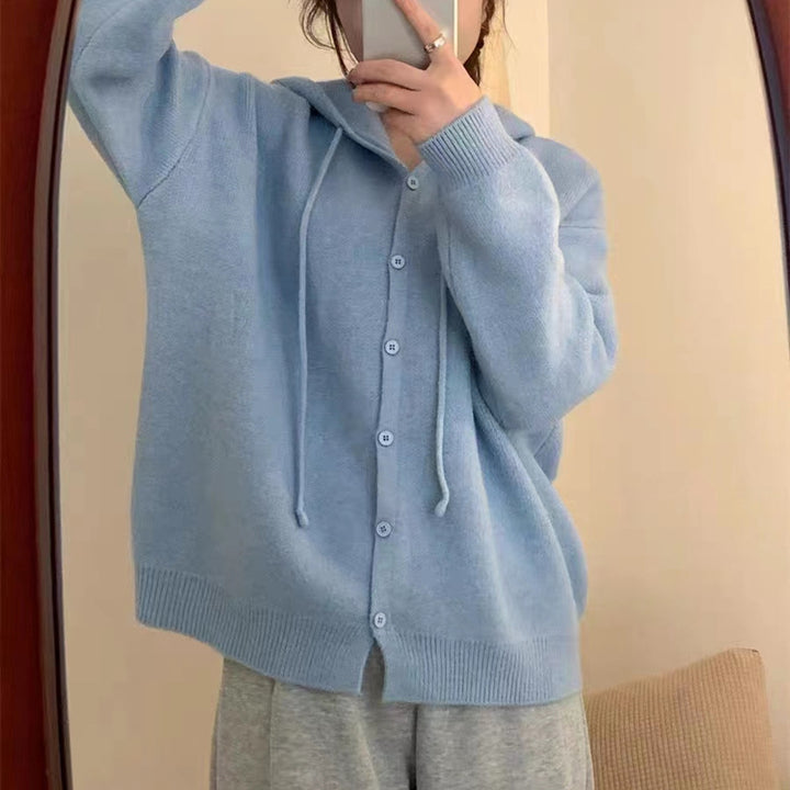 Damen kuschelige Strickjacke mit Kapuze und Knopfverschluss Drune
