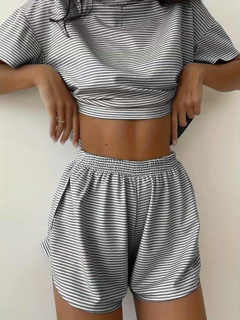 Damen lässiges Crop-Top und Short-Set mit gestreiftem Muster Drune