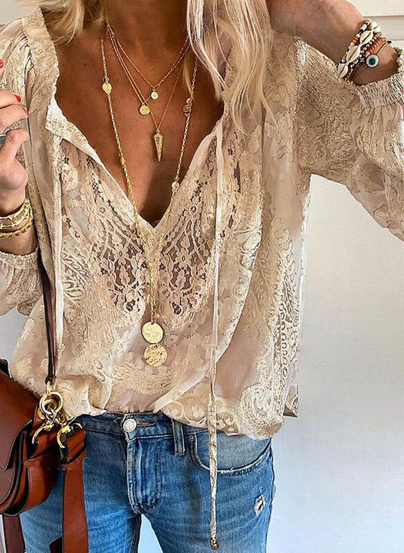 Damen Elegante und feminine Bluse mit V-Ausschnitt und Spitzenakzenten Drune