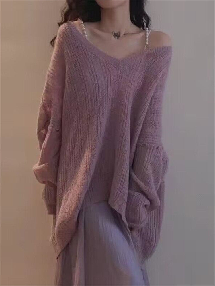 Damen Grobstrickpullover mit tiefem V-Ausschnitt und lässigem Schnitt Drune