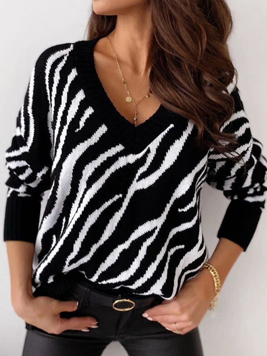 Damen Strickpullover mit tiefem V-Ausschnitt und Zebra-Muster Drune