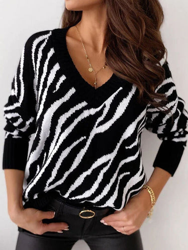 Damen Strickpullover mit tiefem V-Ausschnitt und Zebra-Muster Drune