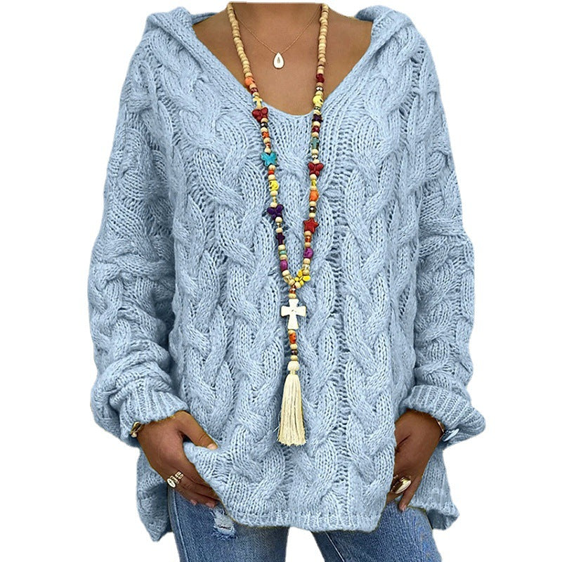 Damen Hoody aus Grobstrick mit V-Ausschnitt und dekorativem Kordelzug Drune