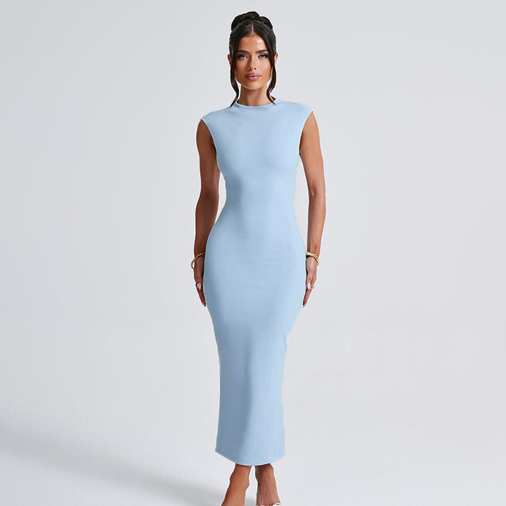 Damen figurbetontes Maxikleid mit elegantem Stehkragen Drune