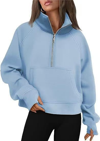Damen nan oversized Sweatshirt mit halbem Reißverschluss Kängurutasche und Daumenlöchern Drune