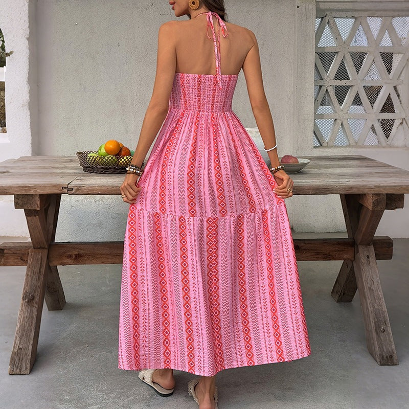 Damen Maxi-Strandkleid mit elastischem Oberteil und verspieltem Muster Drune