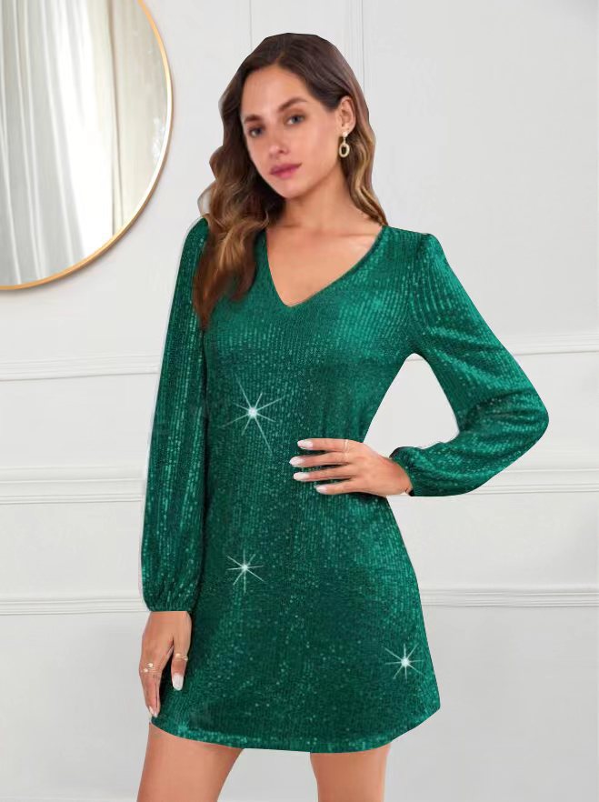 Damen Glitzerndes Minikleid mit V-Ausschnitt und langen Ärmeln Drune