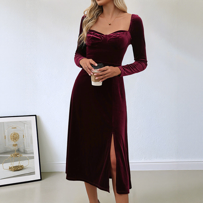 Damen elegantes Maxikleid mit raffiniertem V-Ausschnitt und langer Armel Drune