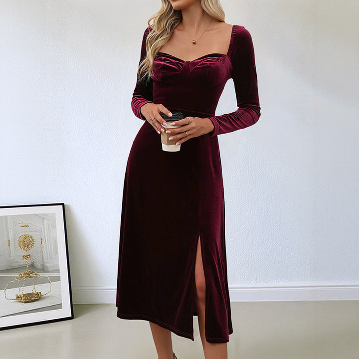 Damen elegantes Maxikleid mit raffiniertem V-Ausschnitt und langer Armel Drune
