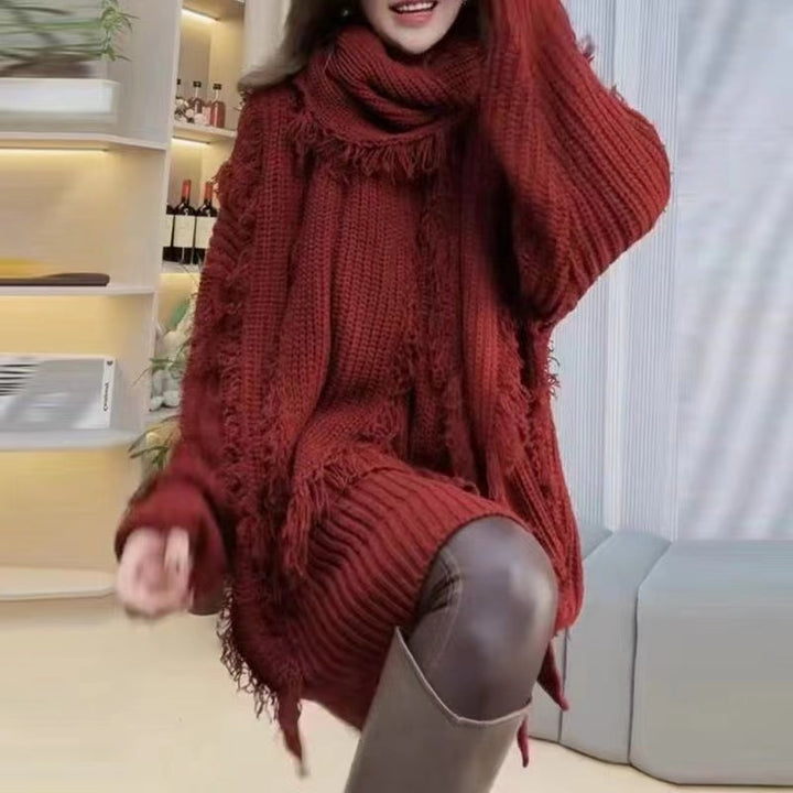 Damen Grobstrickpullover mit fransigen Abschlüssen und V-Ausschnitt Drune