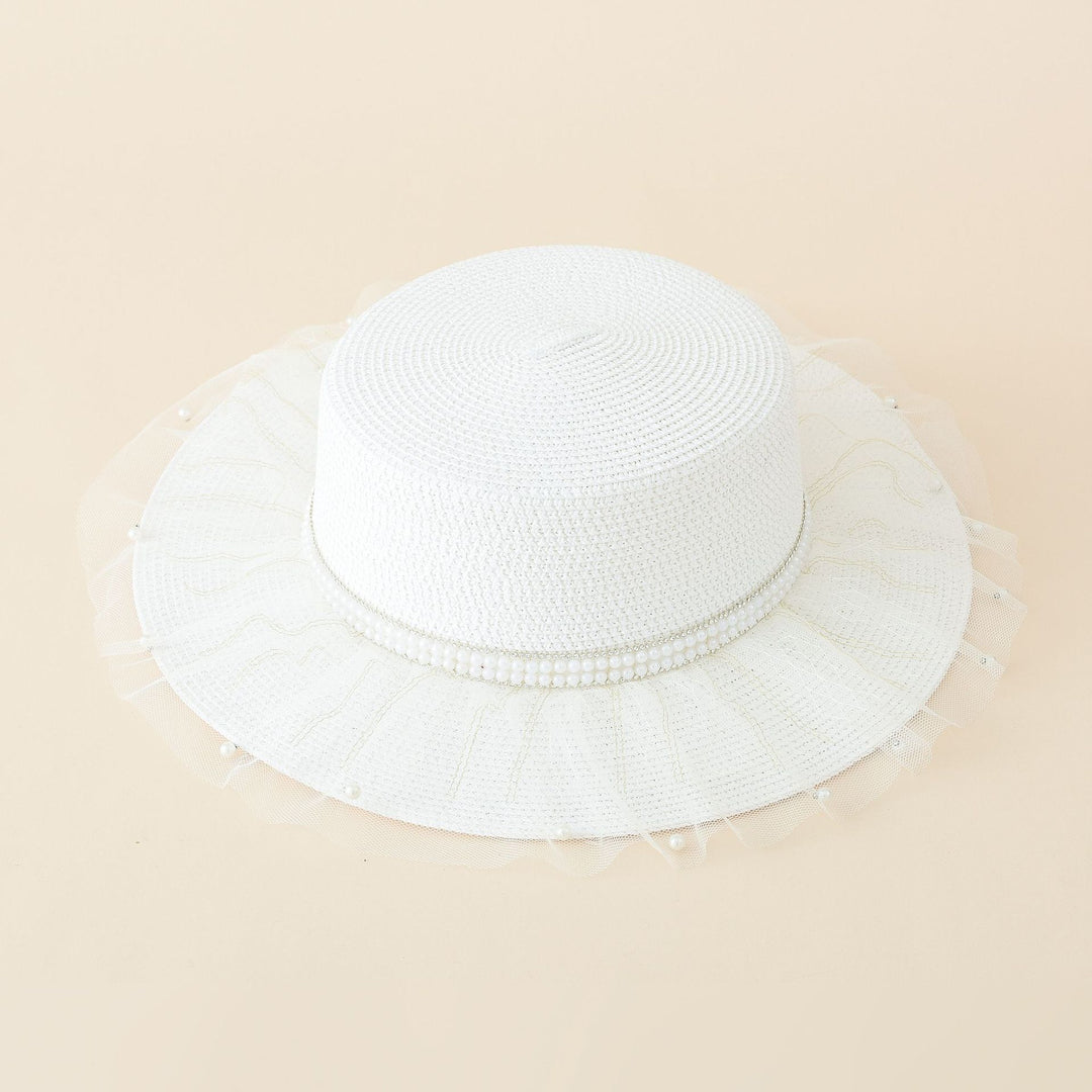 Damen eleganter Sonnenhut mit feinem Tüllbesatz und stilvoller Perlenverzierung Drune