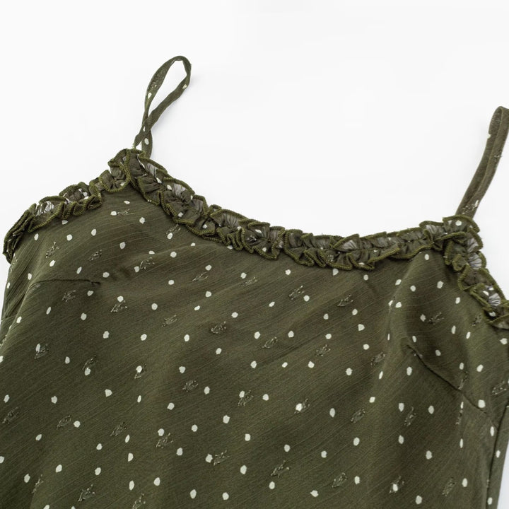 Damen Maxikleid mit zarten Spaghettiträgern und Punktmuster Drune