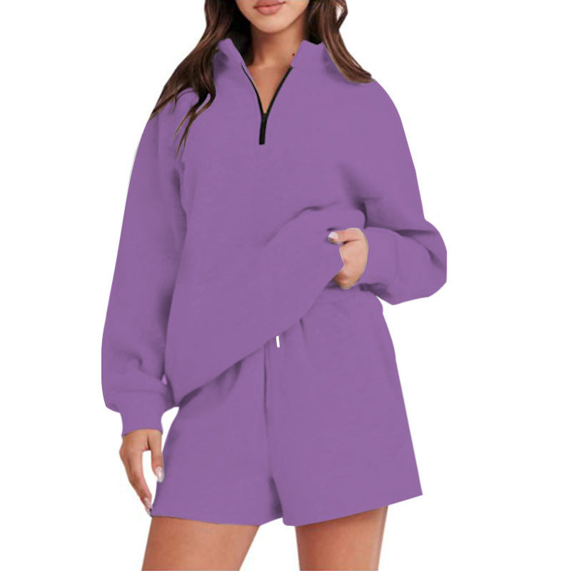 Damen bequemen Freizeit-Sweatanzug mit halbem Reißverschluss und Shorts Drune