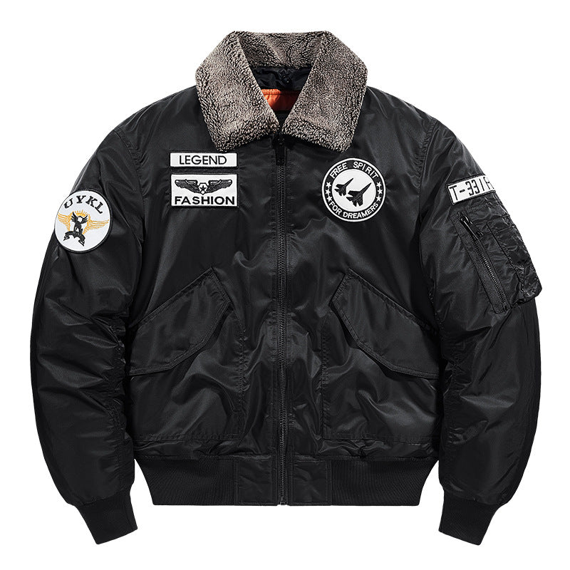Herren -isolierte Pilot-Aviator-Bomberjacke mit Kunstschaffellkragen, Patches, Applikationen und einer Utility-Tasche am Ärmel Drune