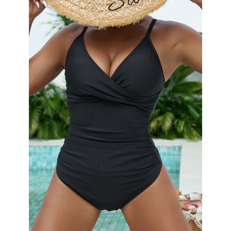 Damen eleganter Einteiler Badeanzug mit modischem Wickeldetail und schickem V-Ausschnitt Drune