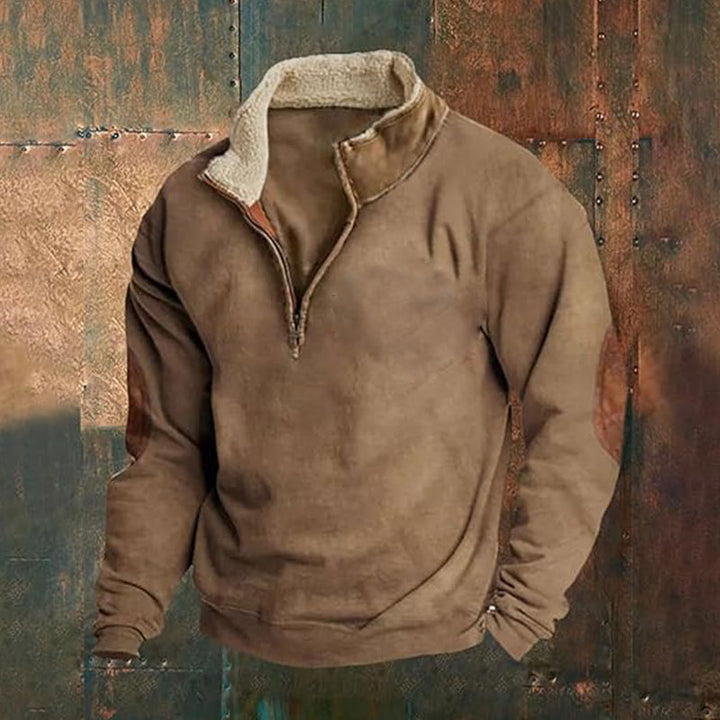 Herren nan Fleece-Halbzippullover mit Sherpa-Kragen und Ellenbogenpatches Drune