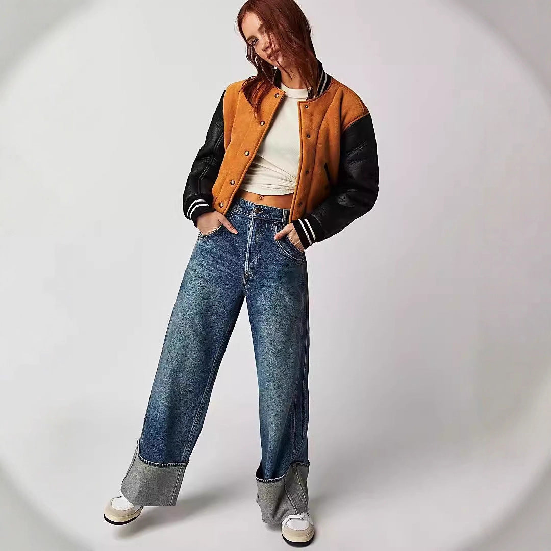 Damen Weite Jeans mit umgeschlagenem Saum