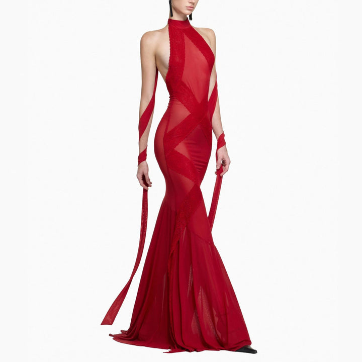 Damen Glamouröses Langarmkleid mit transparenten Einsätzen und raffinierten Drapierungen Drune