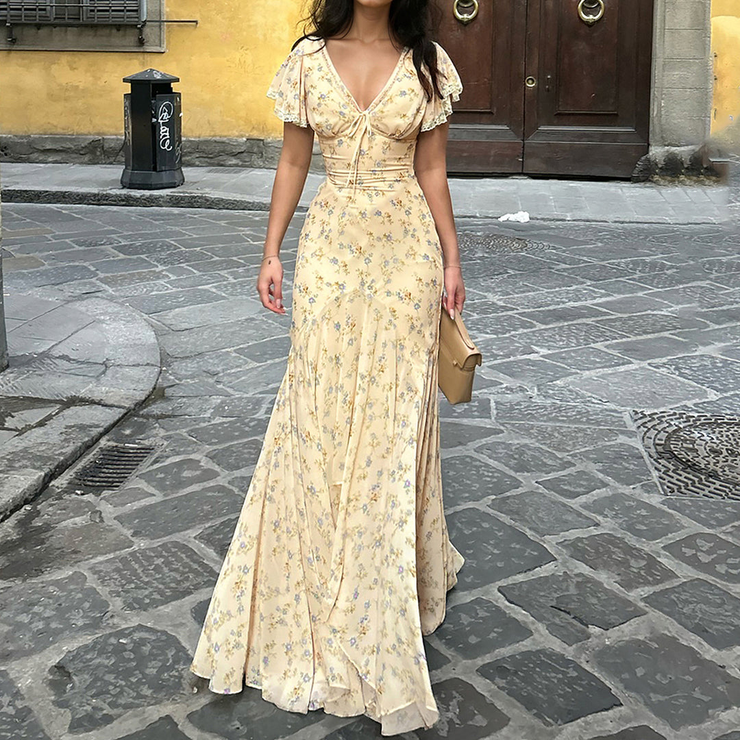 Damen Maxikleid mit romantischem Blumenmuster und verspieltem V-Ausschnitt Drune