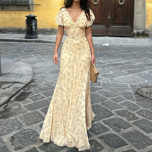 Damen Maxikleid mit romantischem Blumenmuster und verspieltem V-Ausschnitt Drune