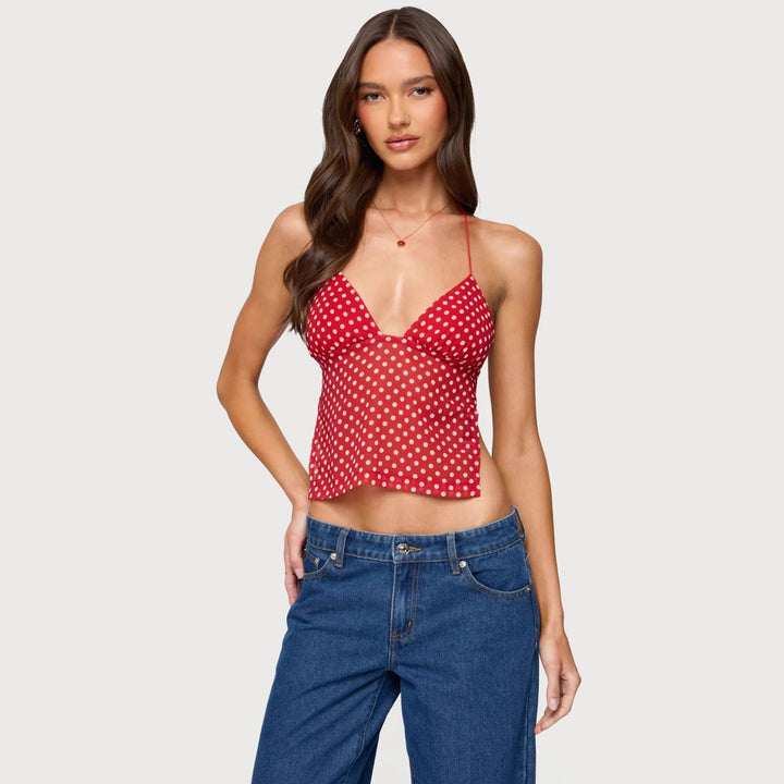 Damen Polka Dot Top mit zarten Trägern und figurbetontem Schnitt Drune