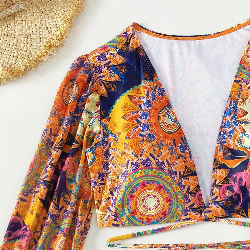 Damen Badeanzug-Set mit langen Ärmeln und kreativem Bindedesign Drune