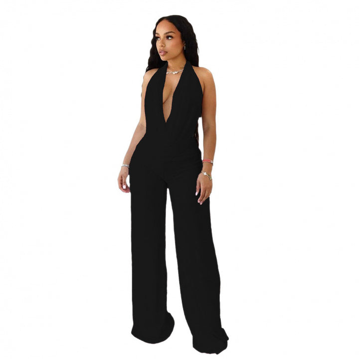Damen Eleganter Deep-V Jumpsuit mit geschwungenem Rücken und weit geschnittenen Beinen Drune
