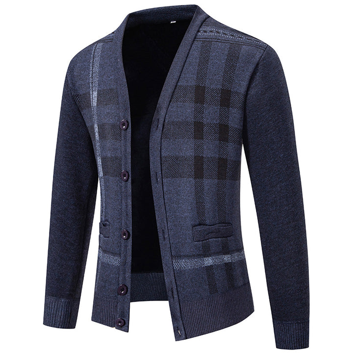 Herren stilvolle Strickjacke mit modernem Karomuster und praktischen Taschen Drune