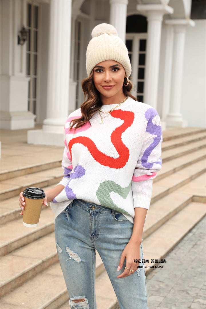 Damen modischer Strickpullover mit abstrakten Mustern und weichem Material Drune