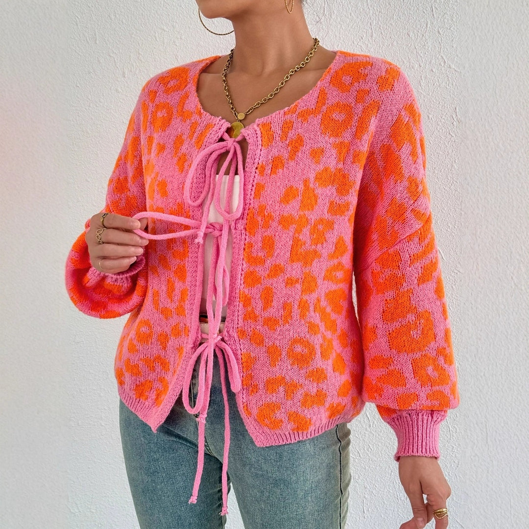 Damen Strickjacke mit einzigartigem Leopardenmuster und verstellbarem Kordelzug Drune