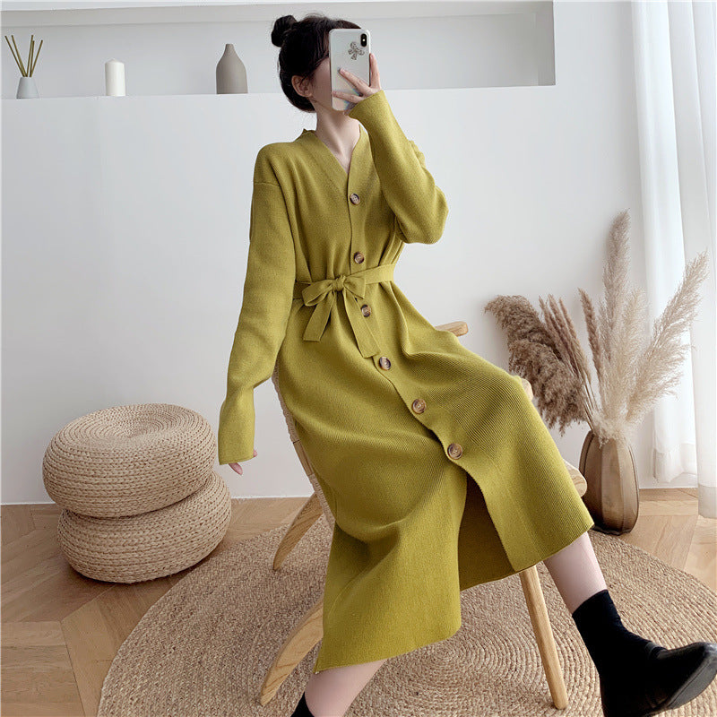 Damen elegantes Strickkleid mit Gürtel und Knöpfen Drune