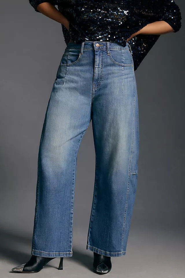 Damen nan hochgeschnittene weite Culotte-Jeans mit verkürzter Länge und dekorativen Nahtdetails Drune