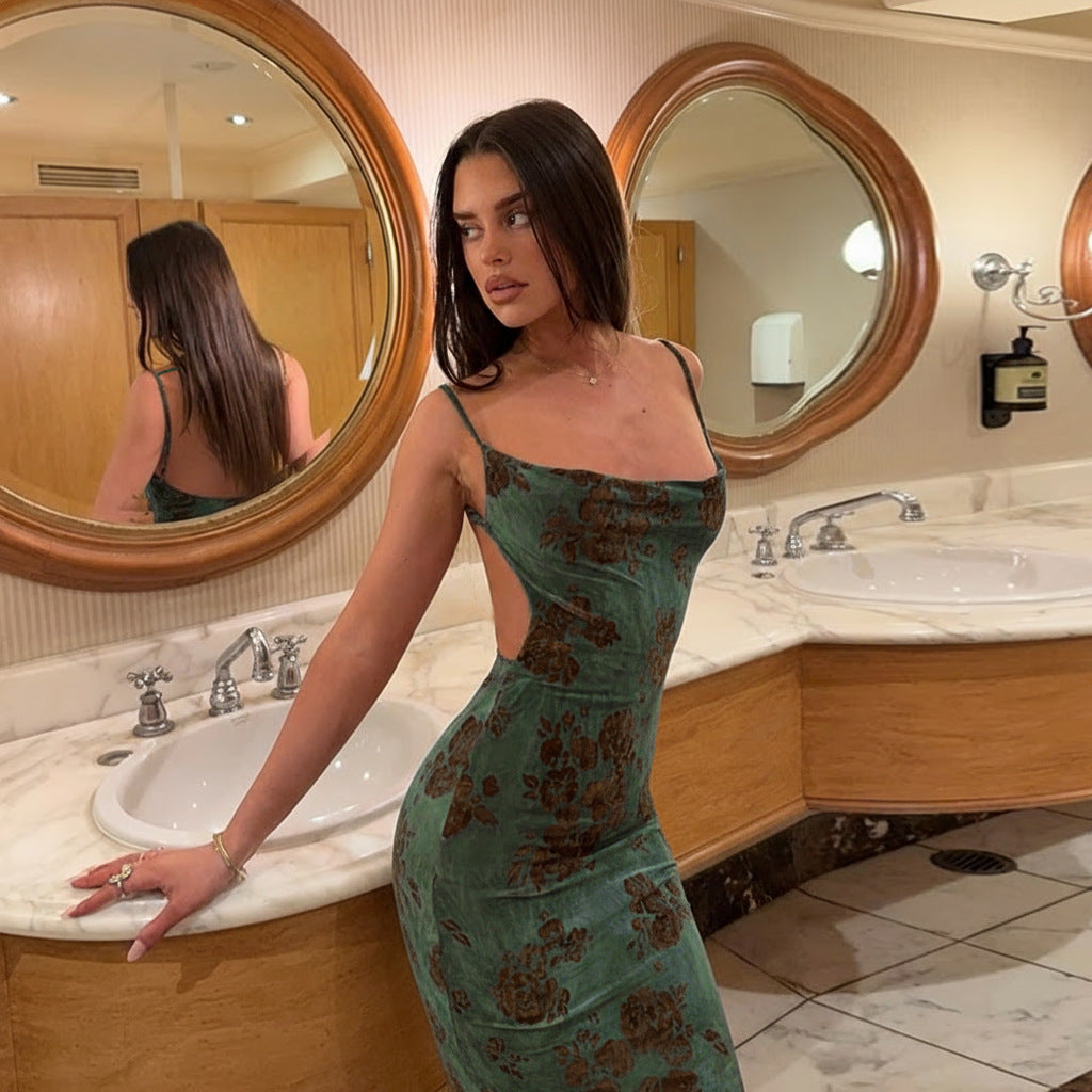 Damen elegantes Maxikleid mit tiefem Rückenausschnitt und floralem Muster Drune
