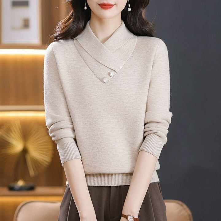 Damen eleganter Strickpullover mit schickem V-Ausschnitt und dekorativen Knopfdetails Drune