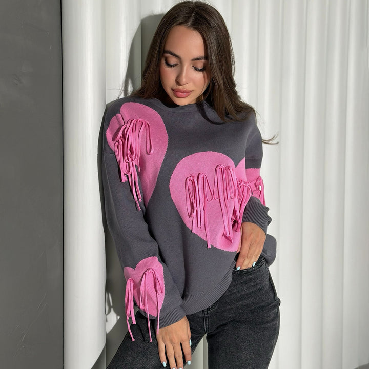 Damen modischer Pullover mit fröhlichem Herzdesign und kreativen Fransen Drune